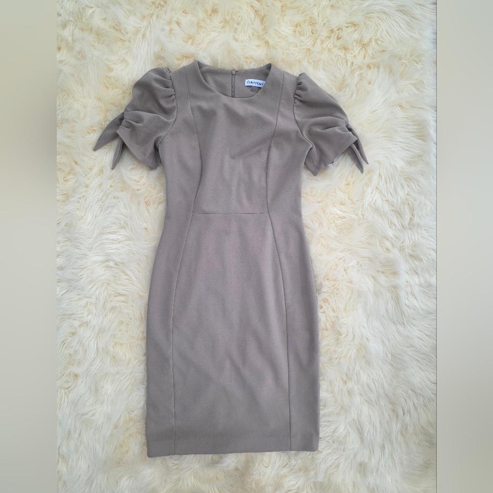 Calvin Klein Taupe Tan Puff-Sleeve Midi Sheath Dress Size 4 Tan